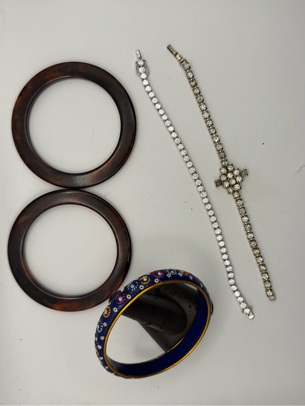 5 Pc Vintage Rhinestone Cross Tennis Chain Tortoise Bangle Bracelet Lot